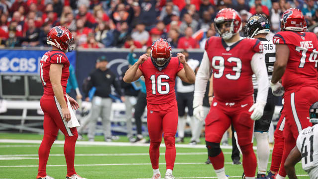 Houston Texans place kicker Matt Ammendola (16) reacts after missing a field goal attempt during the second quarter against the Jacksonville Jaguars at NRG Stadium.